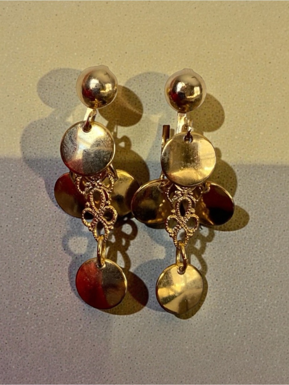 Chic Gold Toned Disc Clip On Earrings
